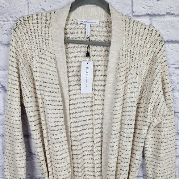BCBGeneration Women's Size Medium Beige Striped Long Open Front Cardigan Sweater - Picture 5 of 10